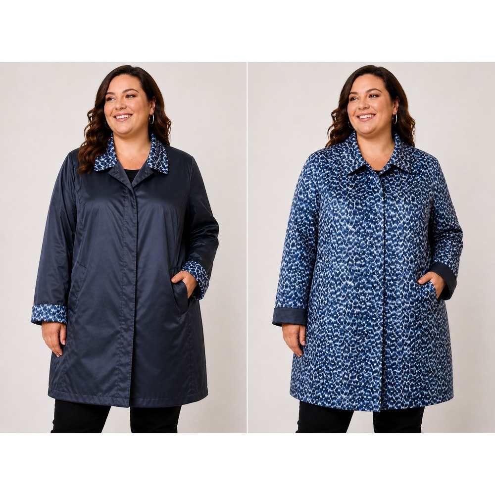 Dennis Basso 1X Navy Blue Reversible Animal Print Water Resistant Coat Jacket